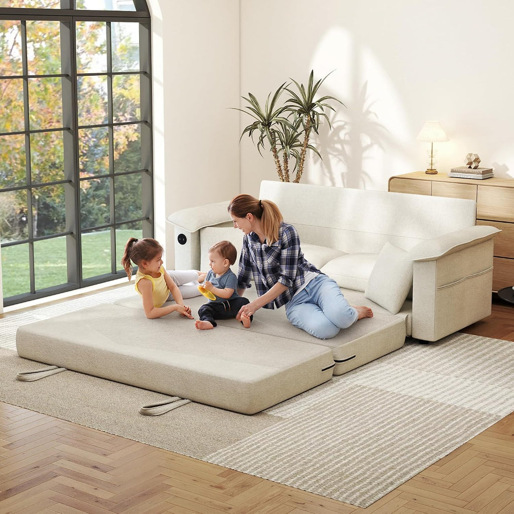 SUNWAVE 77' Sleeper Sofa Convertible Sofa Bed with USB Ports & Side Pockets, Chenille Loveseat Pull Out Couch with Full Size Sleeping Area, Folding Sofa Bed for Living Room & Small Spaces (Ivory)