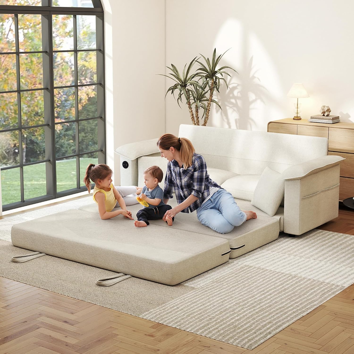 SUNWAVE 77' Sleeper Sofa Convertible Sofa Bed with USB Ports & Side Pockets, Chenille Loveseat Pull Out Couch with Full Size Sleeping Area, Folding Sofa Bed for Living Room & Small Spaces (Ivory)