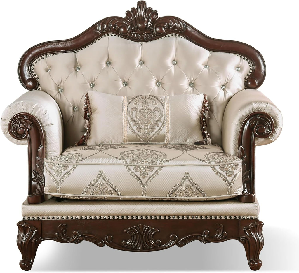 Furniture of America Adelaide Traditional Upholstered Sofa with Rolled Armrests and Button Tufted Back, Wooden Comfortable Couch for Living Room, Office, Bedroom, 1-Seater Chair, Dark Cherry/Beige