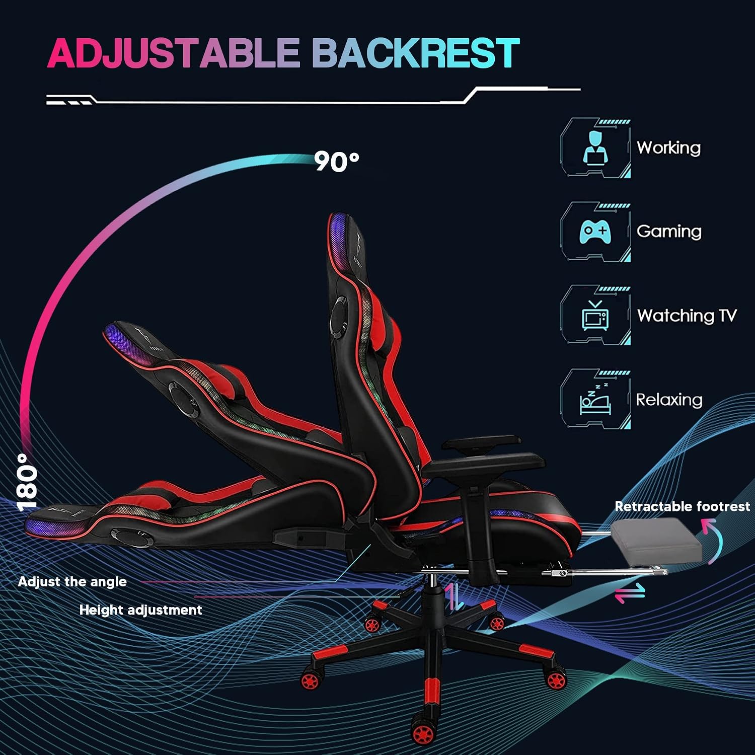 Ergonomic Pro Gaming Chair Video Game Chair with Footrest and 7-Point Massage Computer Chair with Speakers and RGB Lights Office Chairs Height Adjustable 4D Armrests Lumbar Support Headrest,Bl
