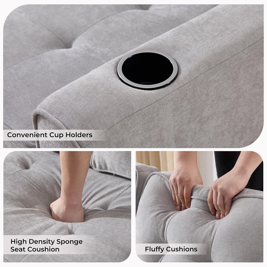 Convertible Sofa Bed, Pull Out Loveseat Sleeper Couch,Linen Fabric 2 in 1 Folding Couch Bed, Fold Out Floor Futon Couches with Cup Holder for Living Room, Bedroom,Small Space, Light Grey