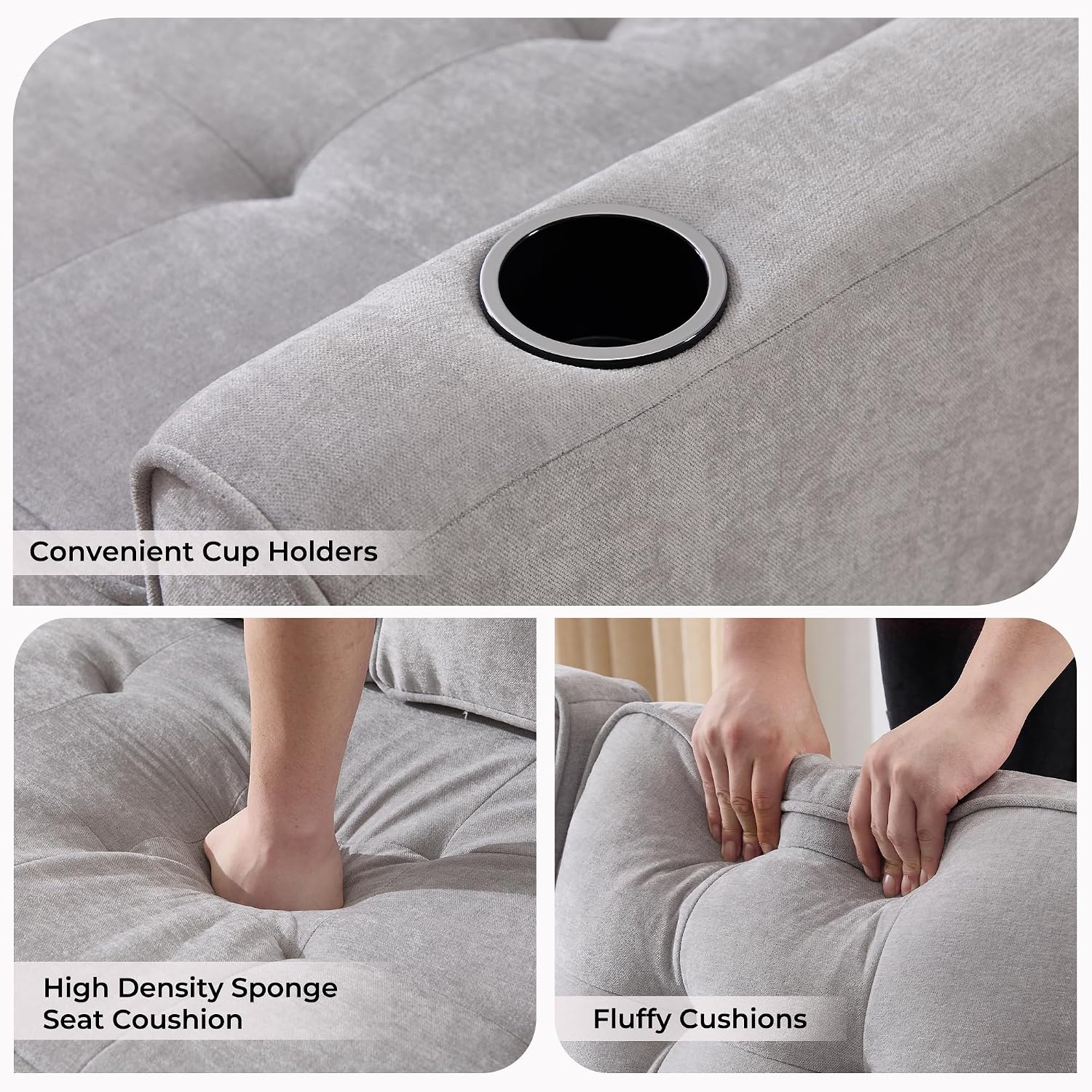 Convertible Sofa Bed, Pull Out Loveseat Sleeper Couch,Linen Fabric 2 in 1 Folding Couch Bed, Fold Out Floor Futon Couches with Cup Holder for Living Room, Bedroom,Small Space, Light Grey
