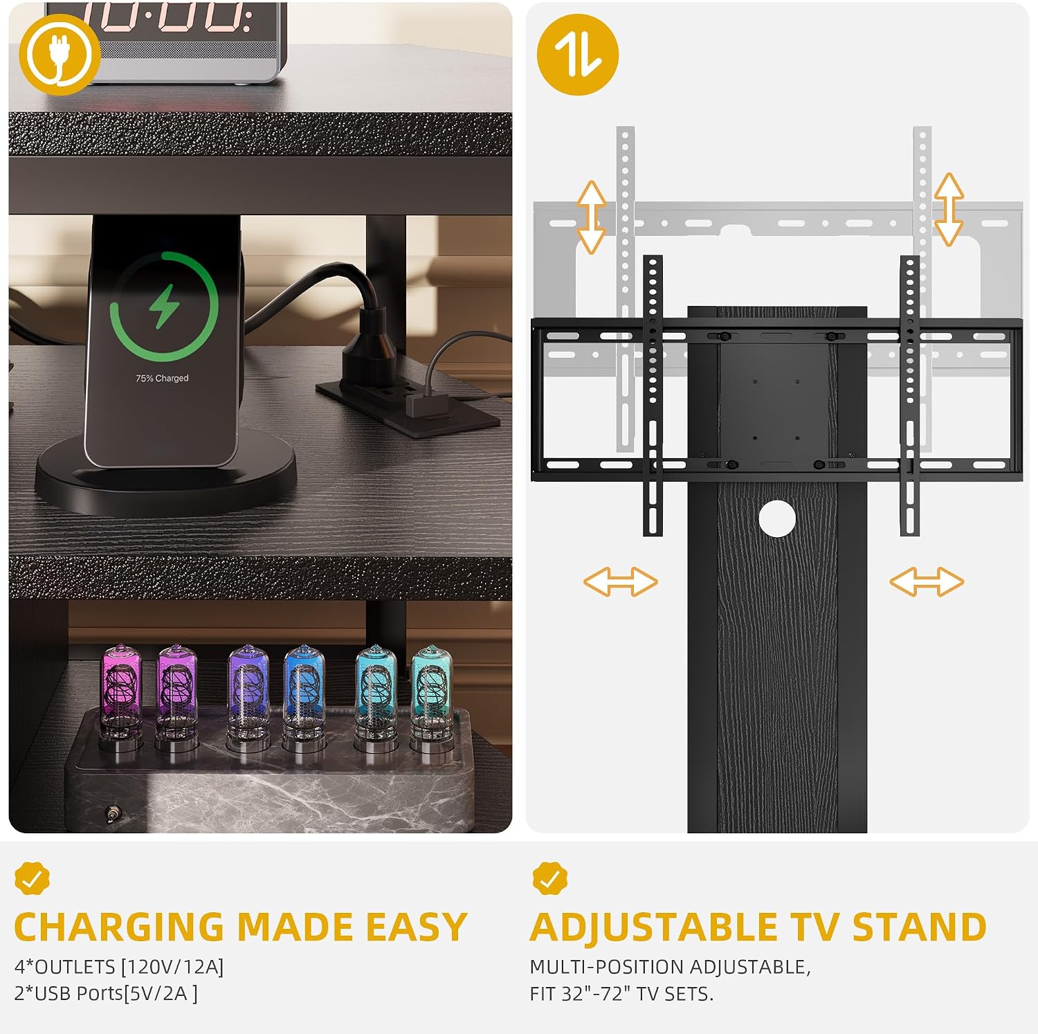 DWVO Black TV Stands for Living Room w/Power Outlet, TV Stand with Mount, LED Entertainment Center for 70/65/60 inch TV, Height Adjustable TV Console Cabinet, Black