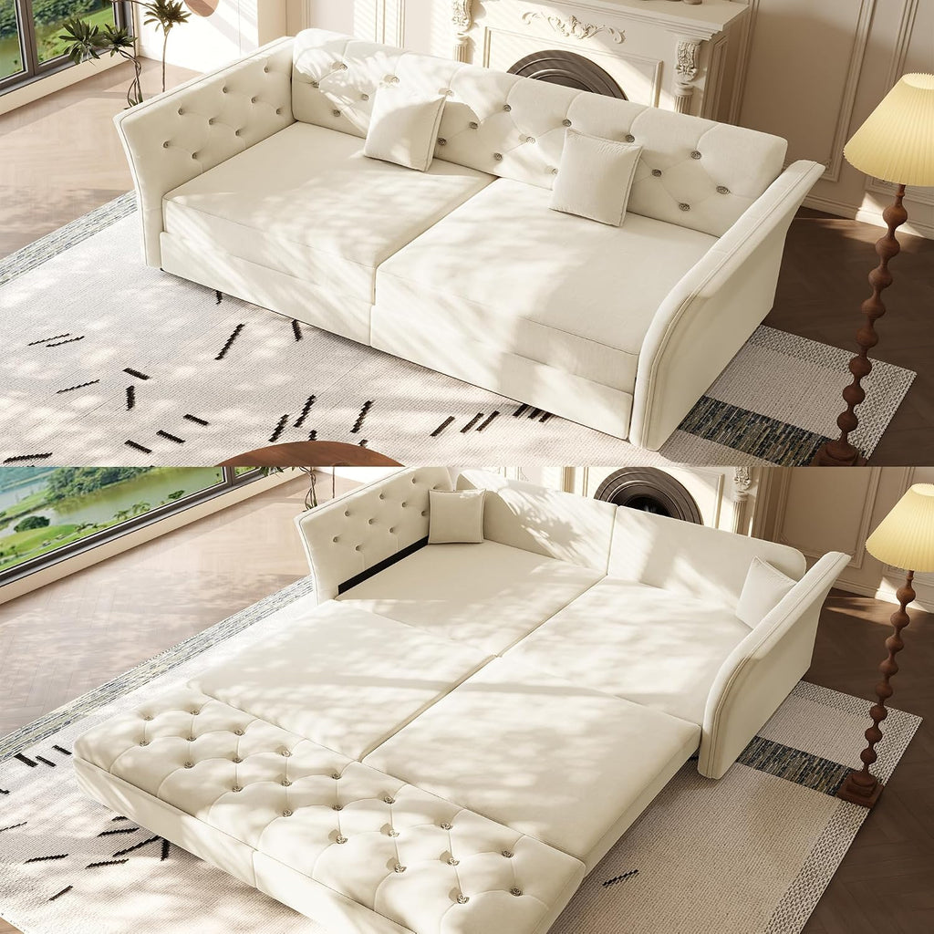 74.4'' Sleeper Sofa Bed Queen Size, Flower Tufting Pull Out Couch, Velvet Chesterfield Futon Couches, Comfy Convertible Sofa, Modern Loveseat, 2 Pillows for Living Room, Apartment, Beige