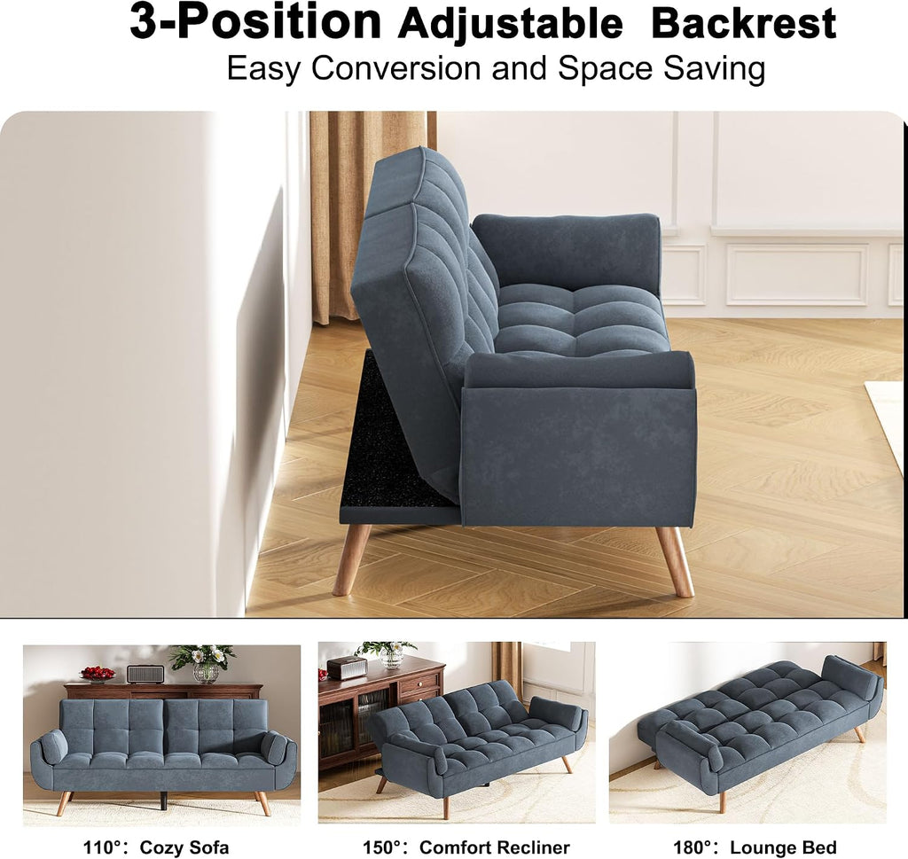 Futon Couch for Small Spaces & Apartment, 2-in-1Modern Comfy Loveseat Convertible Sofa Bed, 75.4-Inch Compact Design for Living Room, Dorms, and Studios-Dark Grey