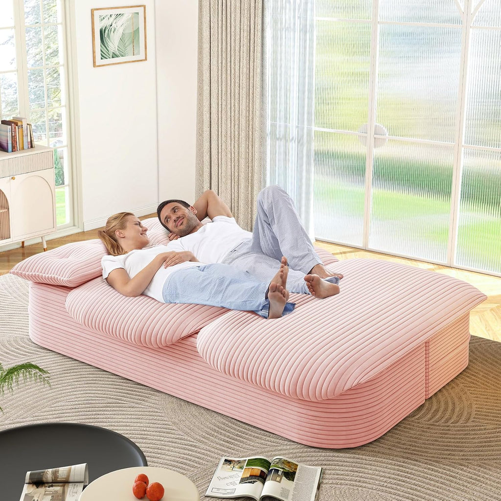 Convertible Sleeper Sofa, Modern 78-inch Folding Futon Corduroy Floor Foam Compression Loveseat Sofa Bed Couch, Foldable Full Size Guest Bed with 2 Pillows for Living Room Bedroom Apartment, Pink