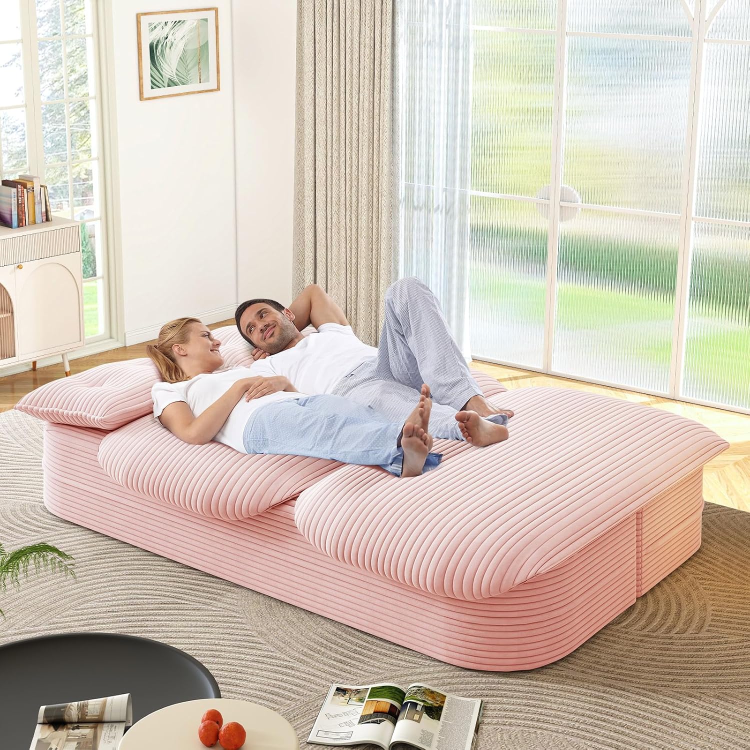 Convertible Sleeper Sofa, Modern 78-inch Folding Futon Corduroy Floor Foam Compression Loveseat Sofa Bed Couch, Foldable Full Size Guest Bed with 2 Pillows for Living Room Bedroom Apartment, Pink