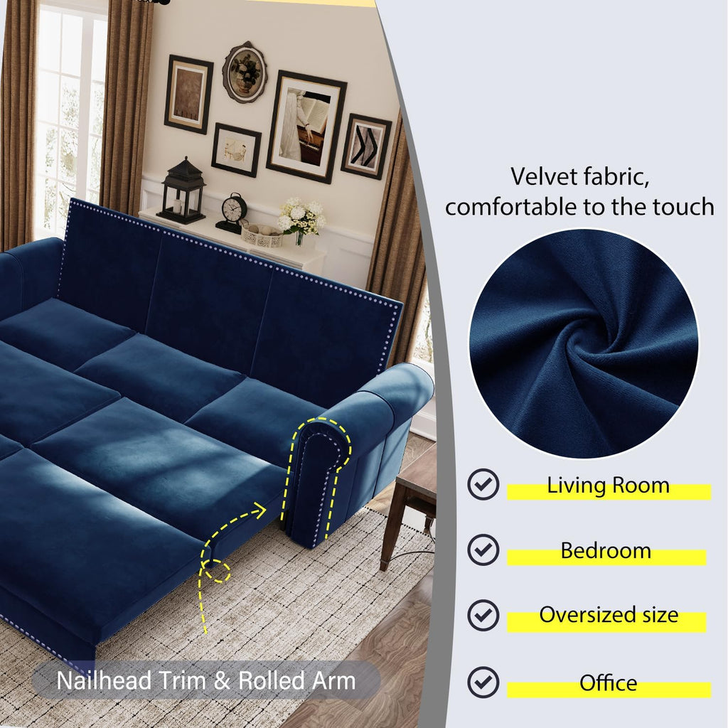 93.7' King Pull Out Sofa Bed, Velvet Sleeper Sofa Couch, 3 in 1 Convertible Futon Couches for Living Room, Small Space, Apartment, Office, Bedroom, Modern Rivet Armrest, Blue