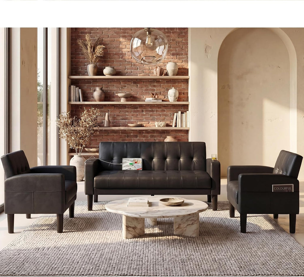 TYBOATLE Sofa Couch 62' W Loveseat w/ 2 USB Charger Ports & 2 Cupholders, Mid-Century Modern Tufted Small Love Seat Couches for Office, Living Room,Bedroom,Apartment,Dorm (3, Black)