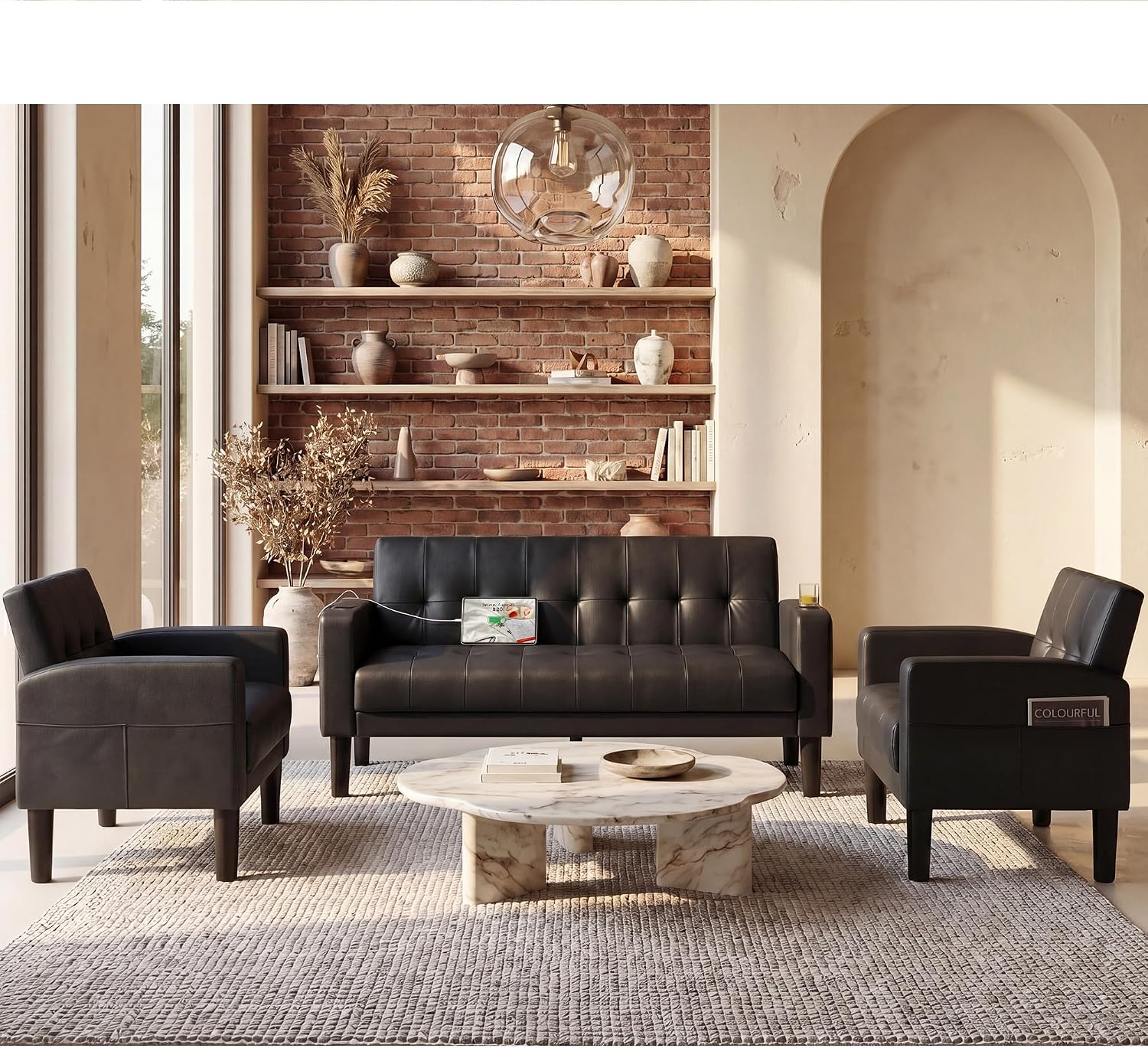 TYBOATLE Sofa Couch 62' W Loveseat w/ 2 USB Charger Ports & 2 Cupholders, Mid-Century Modern Tufted Small Love Seat Couches for Office, Living Room,Bedroom,Apartment,Dorm (3, Black)