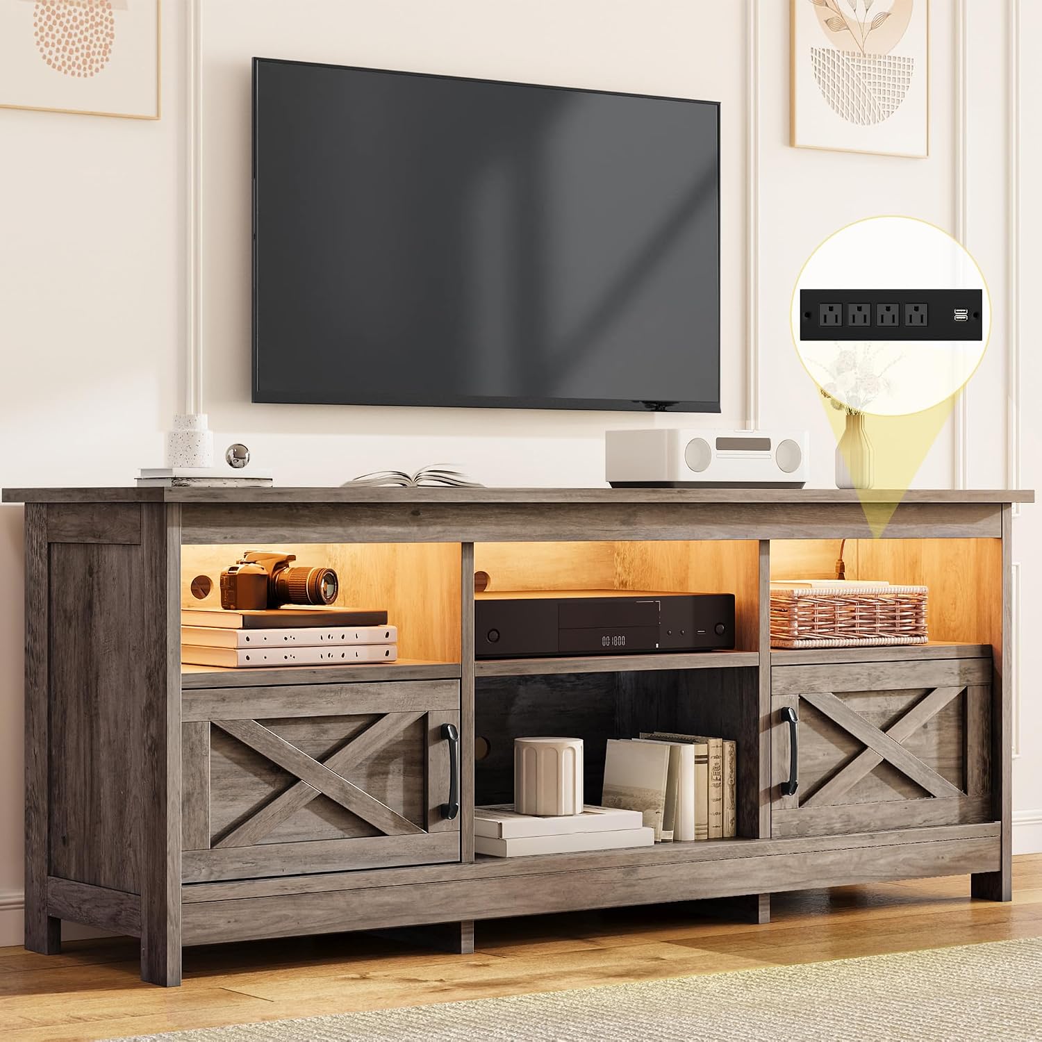 DWVO TV Stand for up to 65 Inch TV, Entertainment Center with Storage, TV Cabinet with Power Outlet & LED Light Strip, Media Console Television Stands for Living Room, Washed Grey