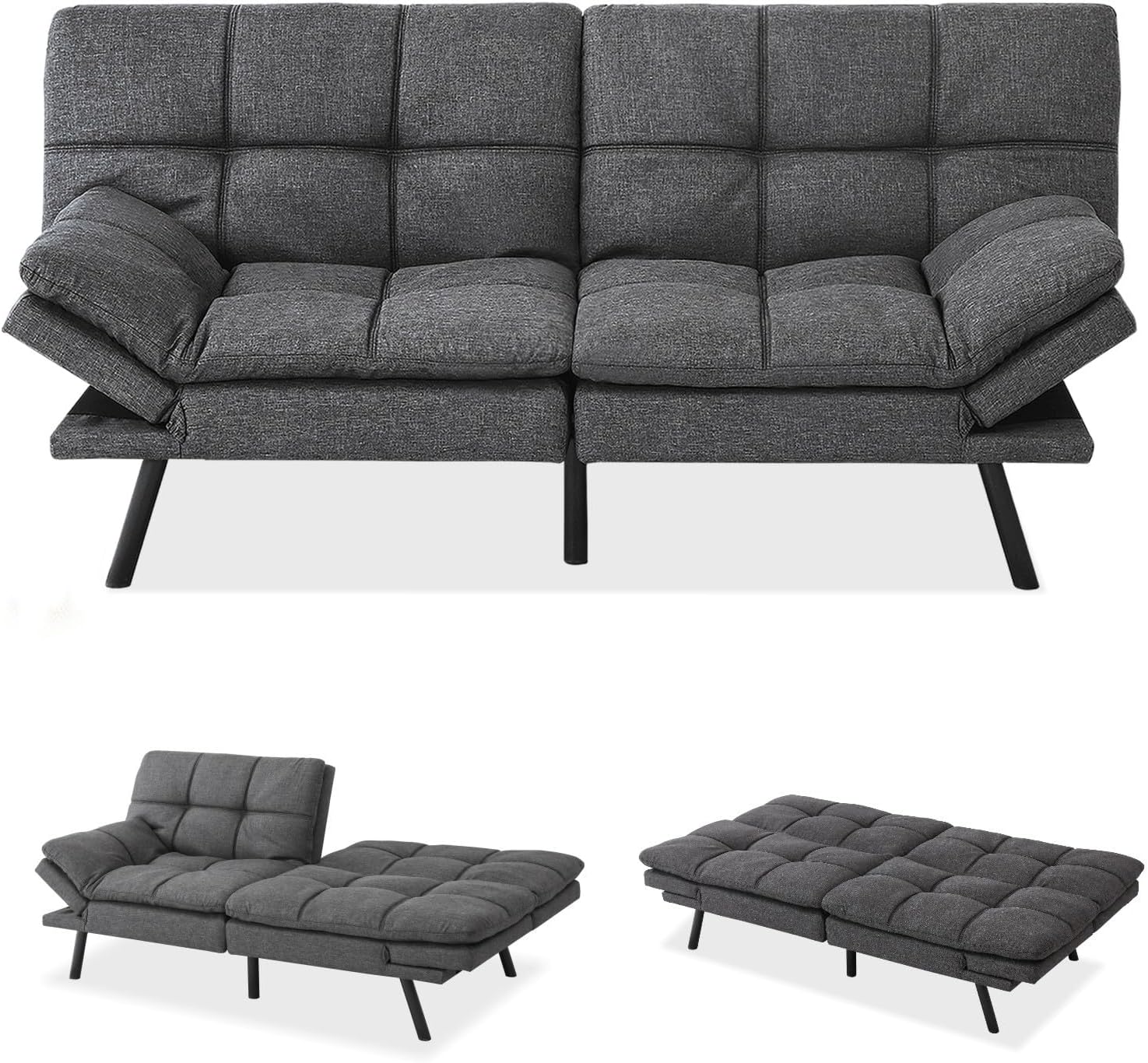 MUUEGM 71' Convertible Futon Sofa Bed, Upholstered Small Futon Couches with Adjustable Backrest, Loveseat Sleeper Bed for Compact Living Room Studio Office (Charcoal Gray)
