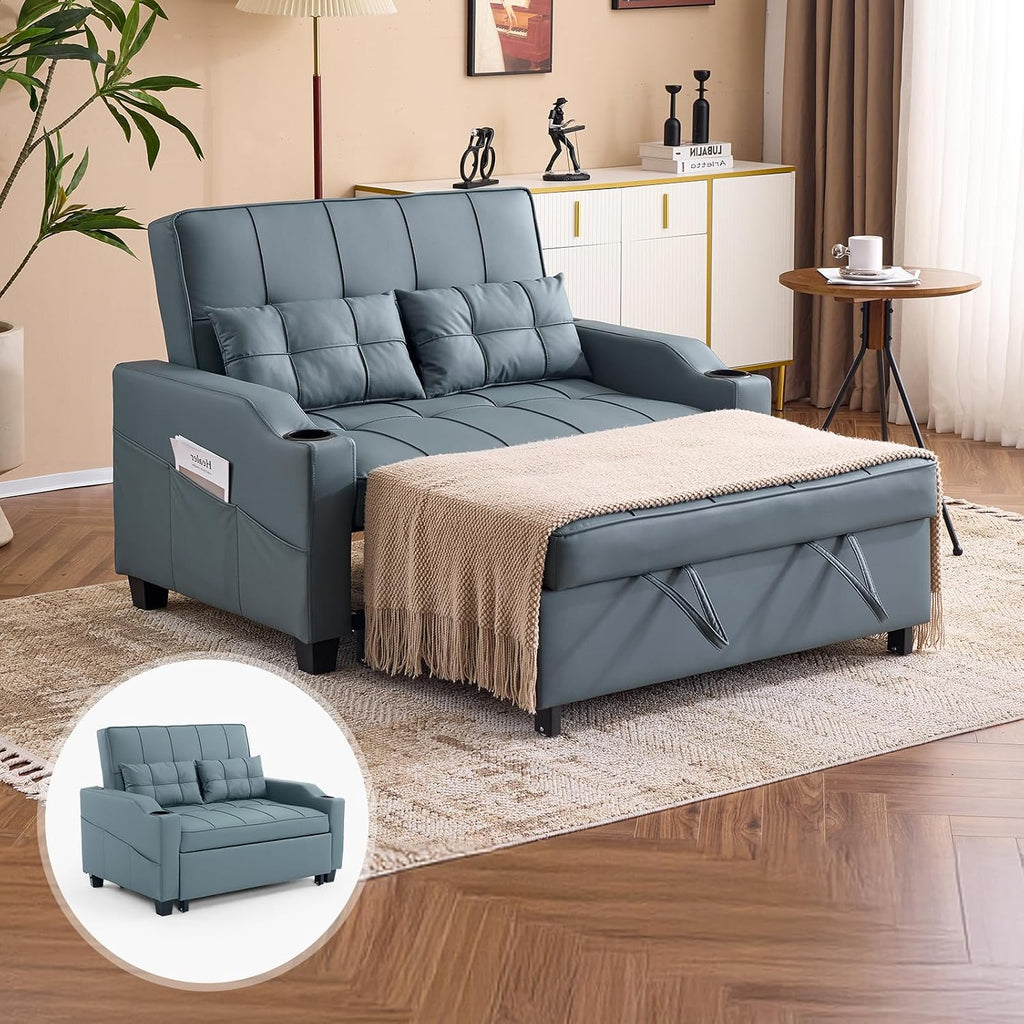 VINGLI Futon Sofa Bed Convertible Loveseat Sleeper Couch, Blue Grey Faux Leather Pull Out Couch Bed with USB Ports, Cup Holders, Armrest for Living Room, Bedroom Apartment Room