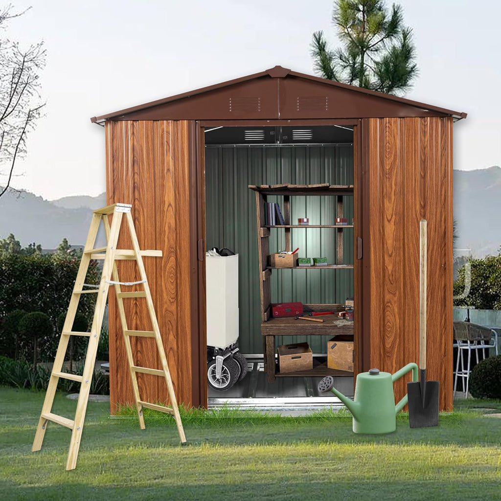6 x 6 Ft Outdoor Metal Storage Shed with Woodgrain & Side Window, Accent Garden Shed w/Air Vents, Floor Base and Lockable Sliding Doors, Utility Tool Storage House for Backyard Lawn,Brown