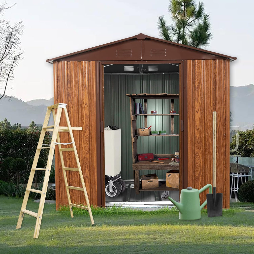 6x6 FT Outdoor Storage Shed, Metal Garden Shed with Frame Floor, Outside Tool Shed with Window, Waterproof Storage Building with Lockable Sliding Doors & Sloped Roof for Backyard, Patio, Coffee