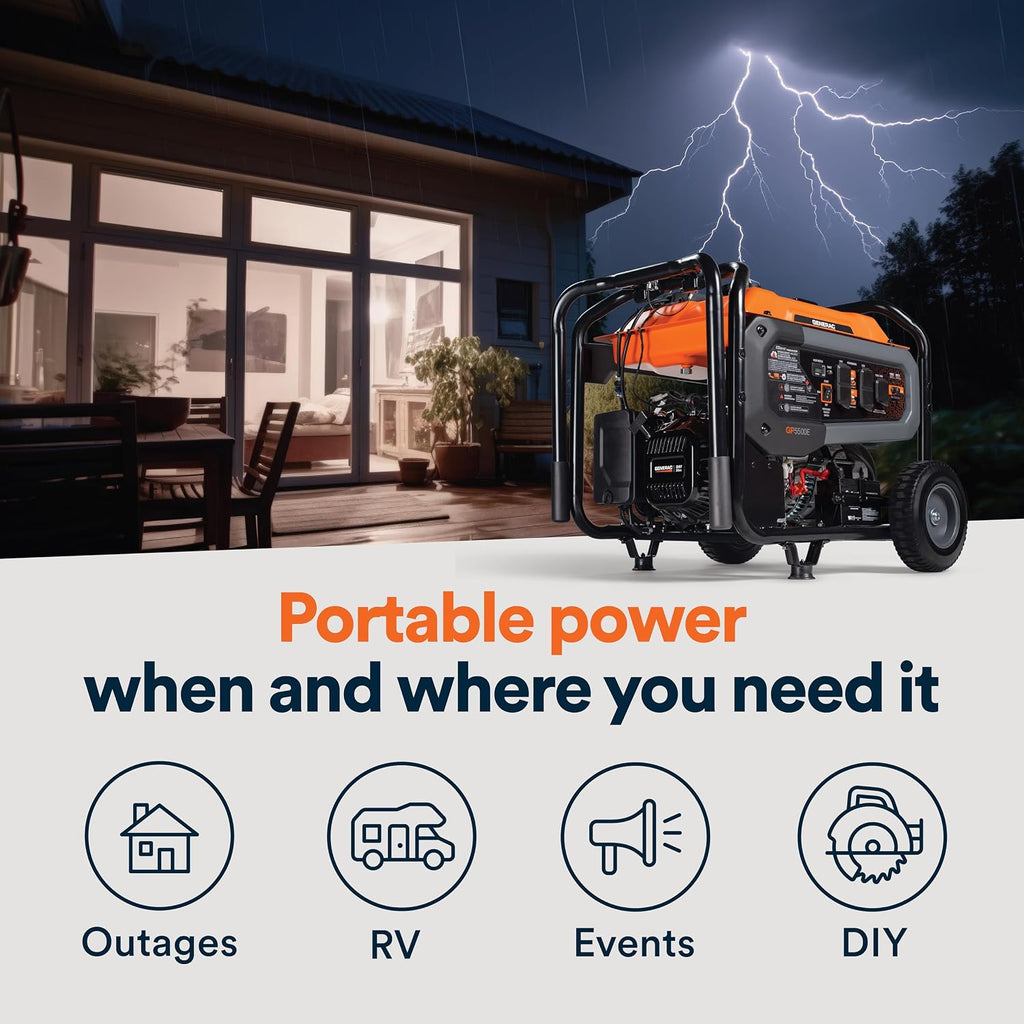 Generac 6,875 Starting Watt Portable Gas Generator - Electric Start - Home Backup or RV Ready - Heavy Duty Frame - Quiet, Long Runtime, Emergency Power - 50-State Compliant