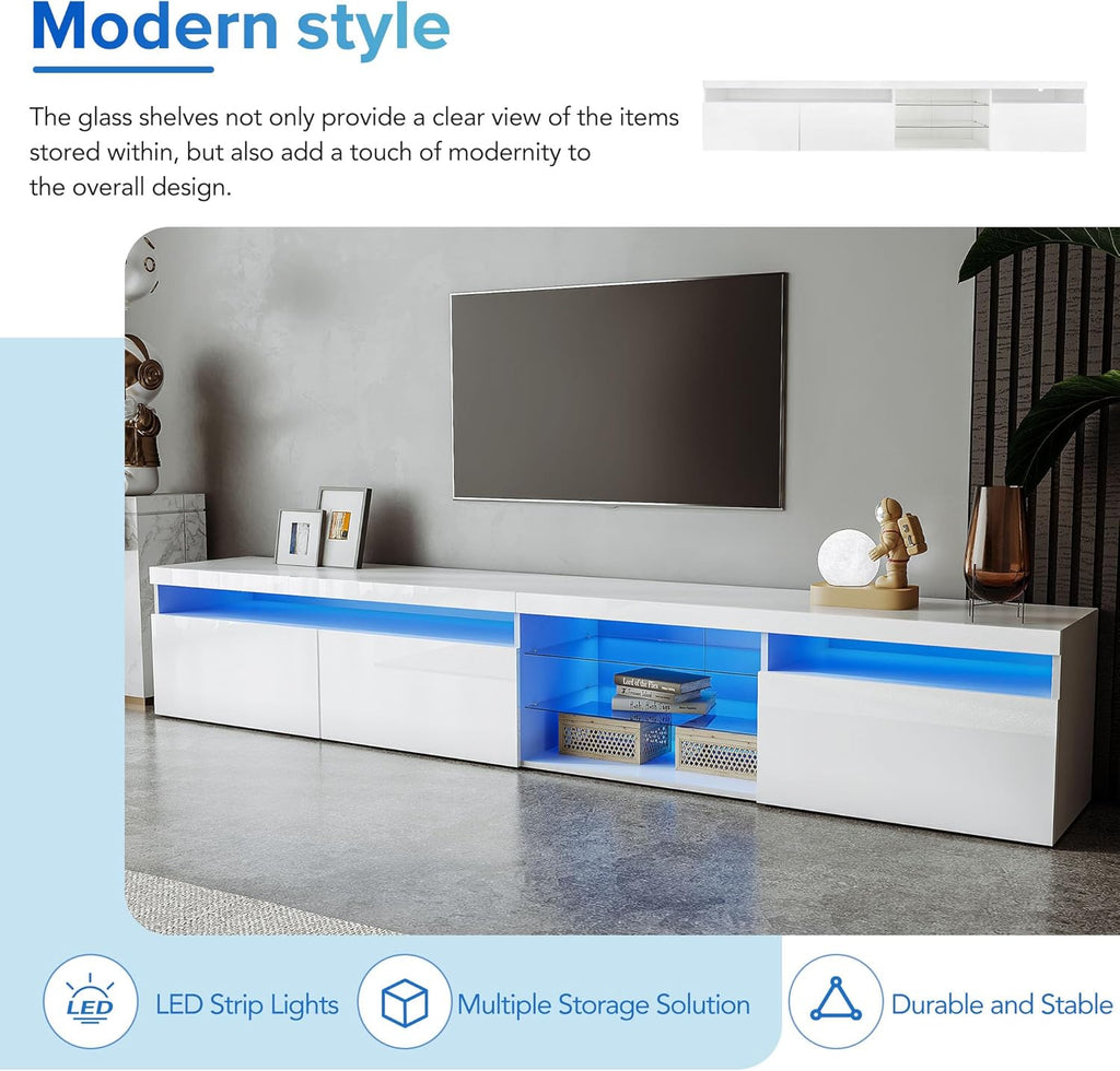 Bellemave LED TV Stand for TVs Up to 105',Ample Storage Space Media Console with 2 Glass Shelves,Versatile TV Cabinet with LED Color Changing Lights for Living Room (White)