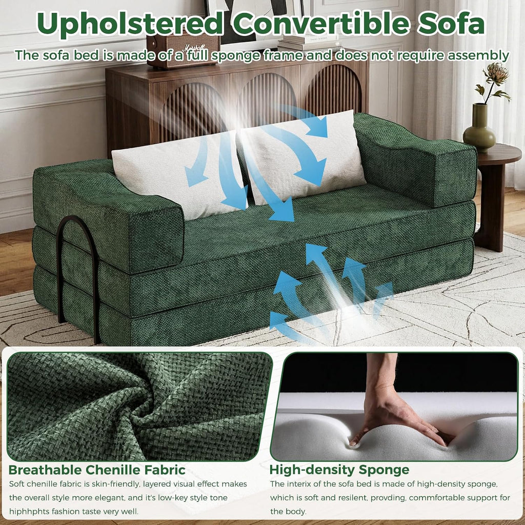 80' King Size Convertible Sofa Bed Sleeper, Foldable Futon Couch with Memory Foam & 2 Pillows, Chenille Fabric Modular Loveseat for Small Spaces, Apartment, Living Room, Studio (Green, 80in)