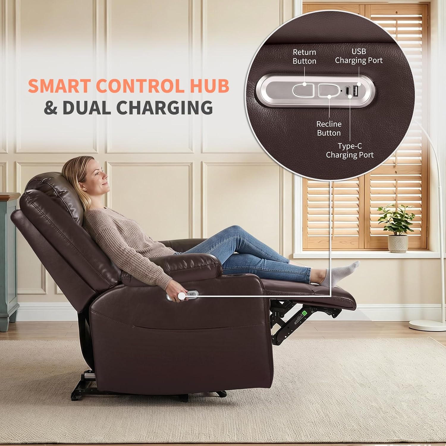EONIX Wall Hugger Recliner for Small Space, Real Zero Clearance Power Recliner, Lazy Boy Recliner Chair with Cup Holders for RV, Living Room, Bedroom, SXXY011990, Chocolate Brown