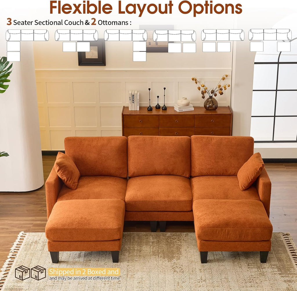 VINGLI 100' W U Shaped Couch with Ottoman, 22' Deep Seat Comfortable Sectional Couches for Living Room, 3 Seater Chenille Fabric Cloud Sofa for Apartment, Small Spaces, Bedroom, Orange
