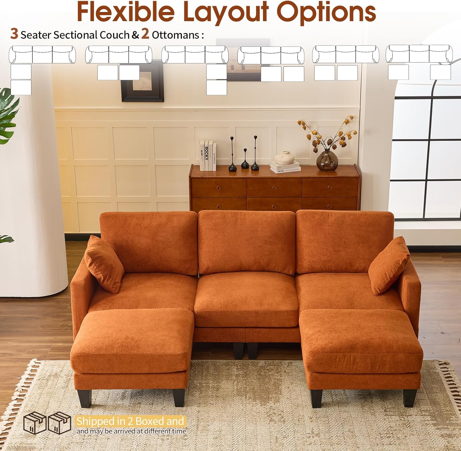 VINGLI 100' W U Shaped Couch with Ottoman, 22' Deep Seat Comfortable Sectional Couches for Living Room, 3 Seater Chenille Fabric Cloud Sofa for Apartment, Small Spaces, Bedroom, Orange