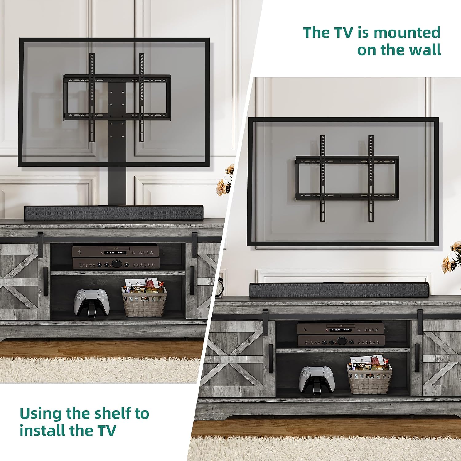 YITAHOME Farmhouse TV Stand for Living Room with Mount, Entertainment Center with 3 Height Adjustment for 32-70 inch TVs, Media Console Cabinet with Sliding Barn Door, Grey
