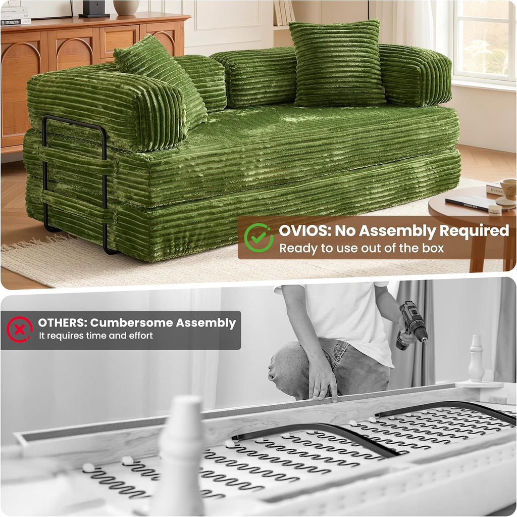 ovios 81' Folding Sofa Bed, Foldable Sleeper Boneless Couch with Pull Out Beds, Modular Convertible Floor Futon Loveseat Lounger for Living Room (Faux Fur, Green)