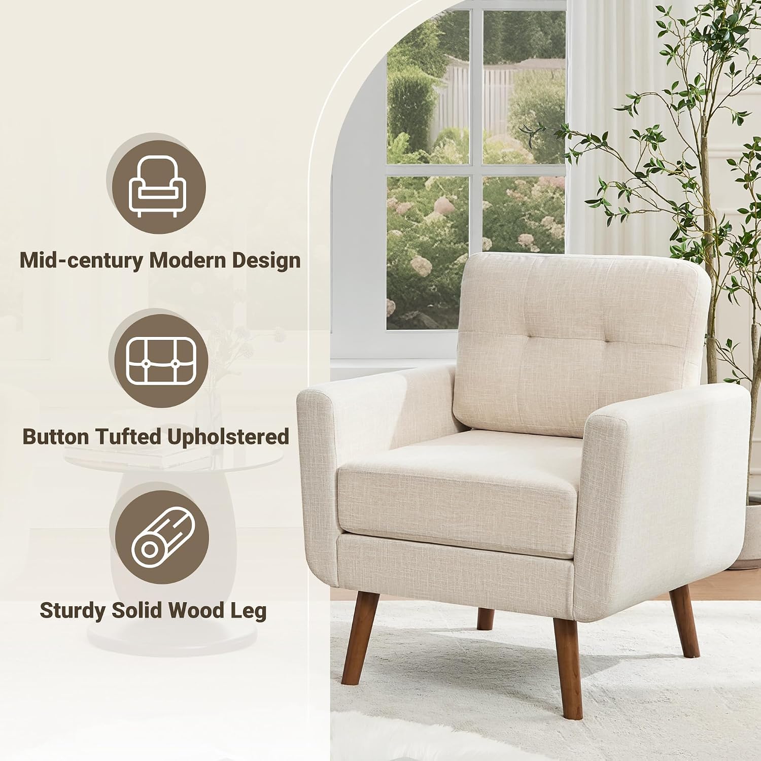 Tbfit Linen Fabric Single Sofa, Accent Chair, Mid Century Modern Armchair for Living Room, Bedroom Button Tufted Upholstered Comfy Reading Sofas, Beige