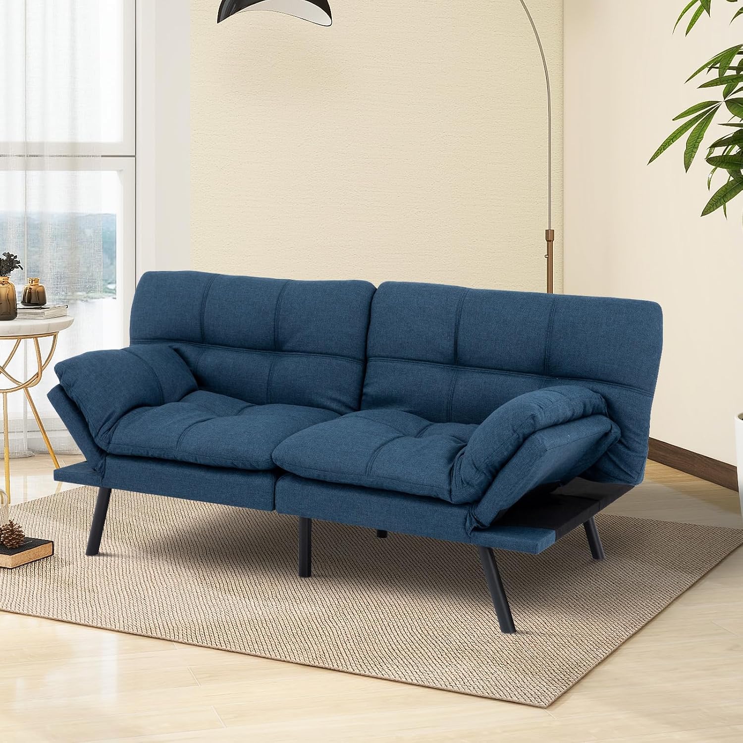 MUUEGM Futon Sofa Bed Convertible Couch,Memory Foam Futon Sofa Couch,Sleeper Futons Sofa Couches,Small Splitback Modern Loveseat Sofa Bed for Living Room,Office,Apartment,Linen Fabric,Blue.