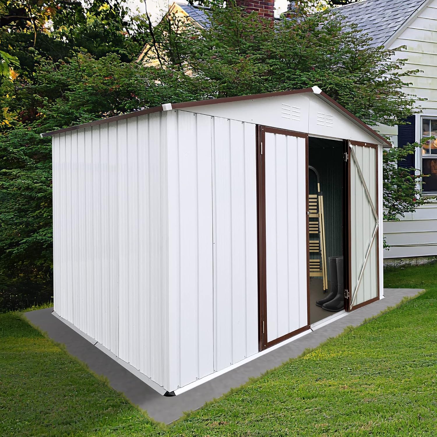 10x8 FT Garden Metal Sheds with Waterproof Roofs and Lockable Doors,Outdoor Storage Tool House W/Punched Vents,Backyard Office Shed,for Bike,Barbeque,White+Coffee