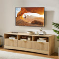 AMADA HOMEFURNISHING Fluted TV Stand for TVs Up to 65″, Mid-Century Modern Entertainment Center with Storage Drawers and Open Shelf, TV Console for Living Room or Bedroom, Natural Oak