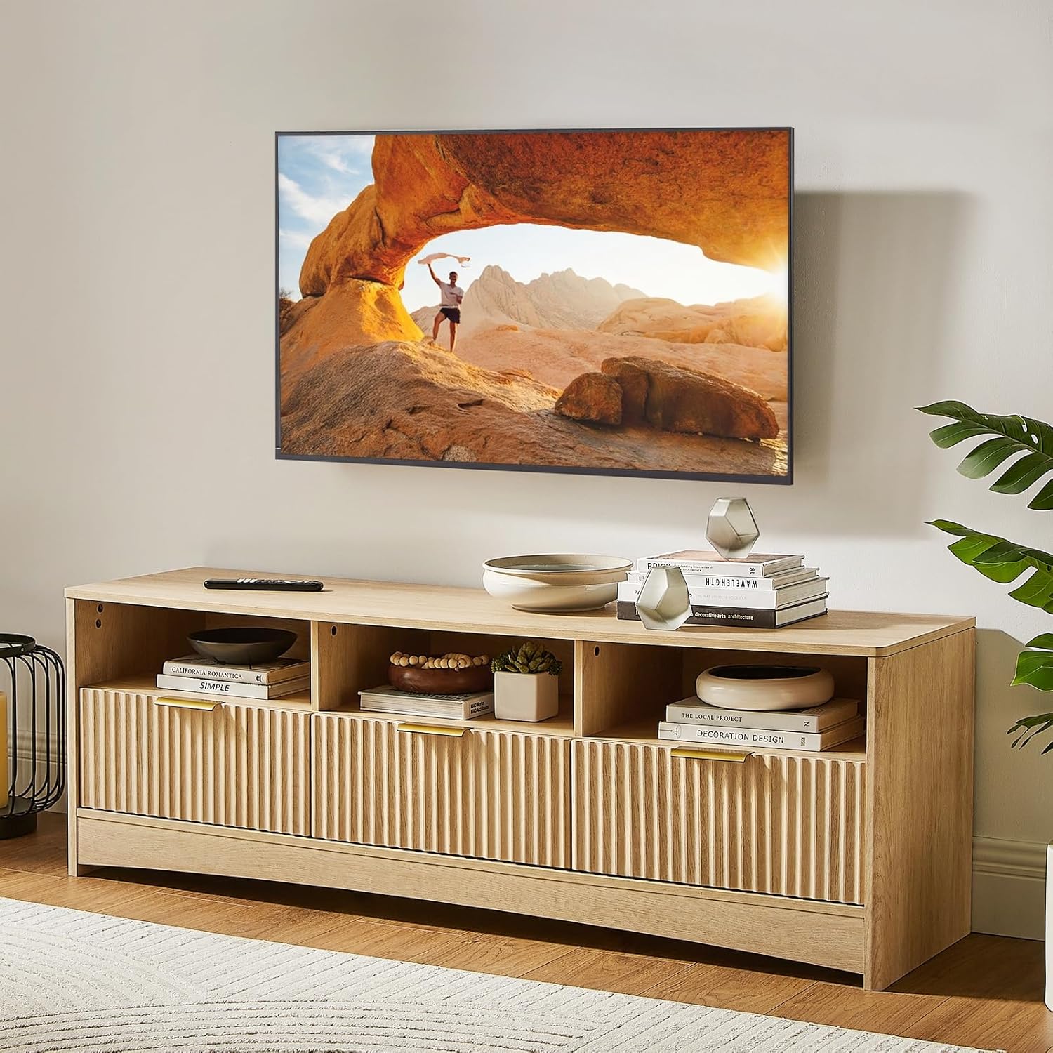 AMADA HOMEFURNISHING Fluted TV Stand for TVs Up to 65″, Mid-Century Modern Entertainment Center with Storage Drawers and Open Shelf, TV Console for Living Room or Bedroom, Natural Oak