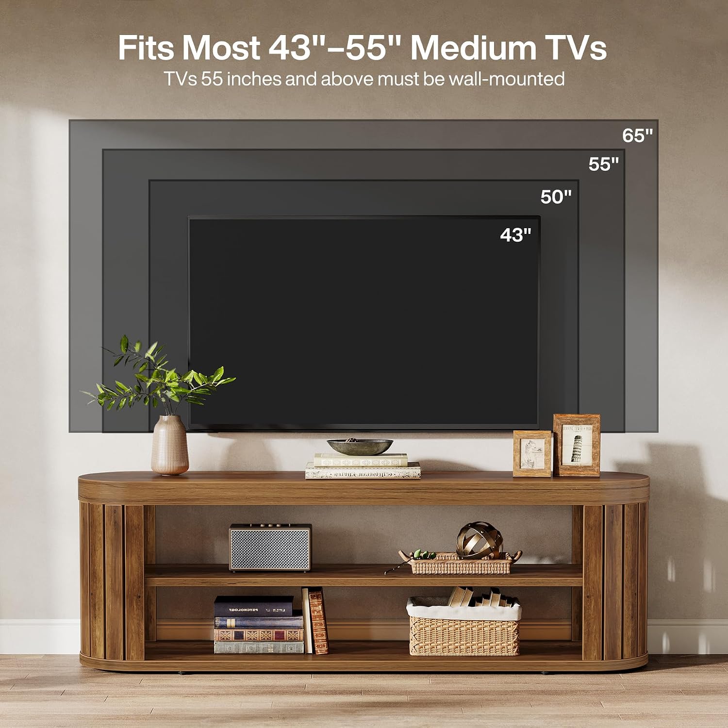Tribesigns TV Stand for TVs up to 55 Inches, 47.2-Inch Entertainment Center with 2-Tier Open Storage & Adjustable Foot Pads, Oval Media TV Console Table for Living Room, Bedroom, Rustic Brown