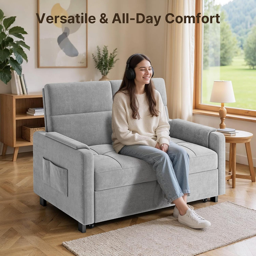 Gizoon Convertible Sofa Bed, 3-in-1 Pull Out Couch, 5-Position Adjustable Backrest & Side Pockets, Modern Small Loveseat Sleeper Sofa for Living Room, Apartment, Dorm, Studio, Guest Room, Light Grey