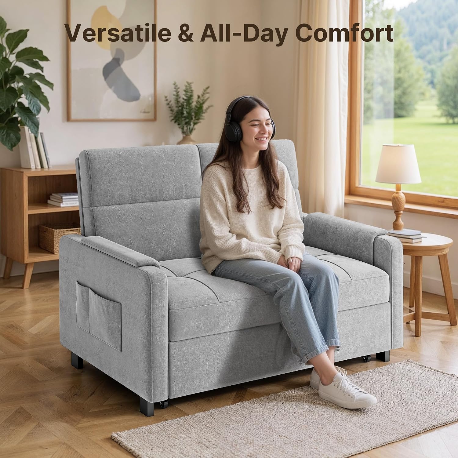 Gizoon Convertible Sofa Bed, 3-in-1 Pull Out Couch, 5-Position Adjustable Backrest & Side Pockets, Modern Small Loveseat Sleeper Sofa for Living Room, Apartment, Dorm, Studio, Guest Room, Light Grey
