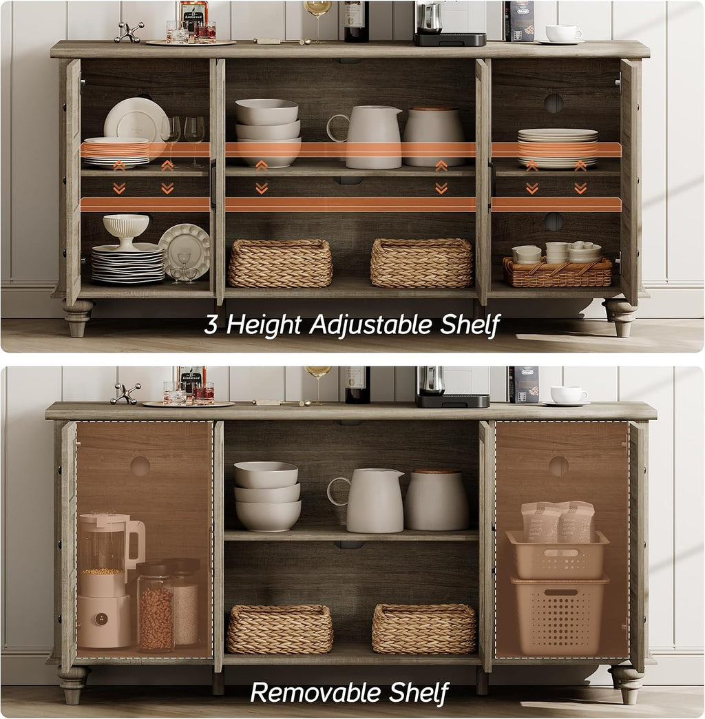 WAMPAT Glass Door Farmhouse TV Stand for TVs up to 65 inch, Wood TV Console Table with Storage Cabinets, Entertainment Center for 32-60 inch TV Console Cabinet, 58 Inch, Grey