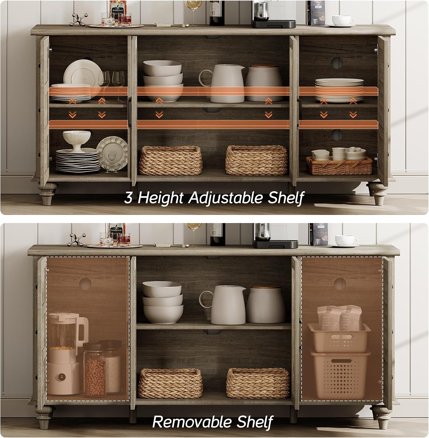 WAMPAT Glass Door Farmhouse TV Stand for TVs up to 65 inch, Wood TV Console Table with Storage Cabinets, Entertainment Center for 32-60 inch TV Console Cabinet, 58 Inch, Grey