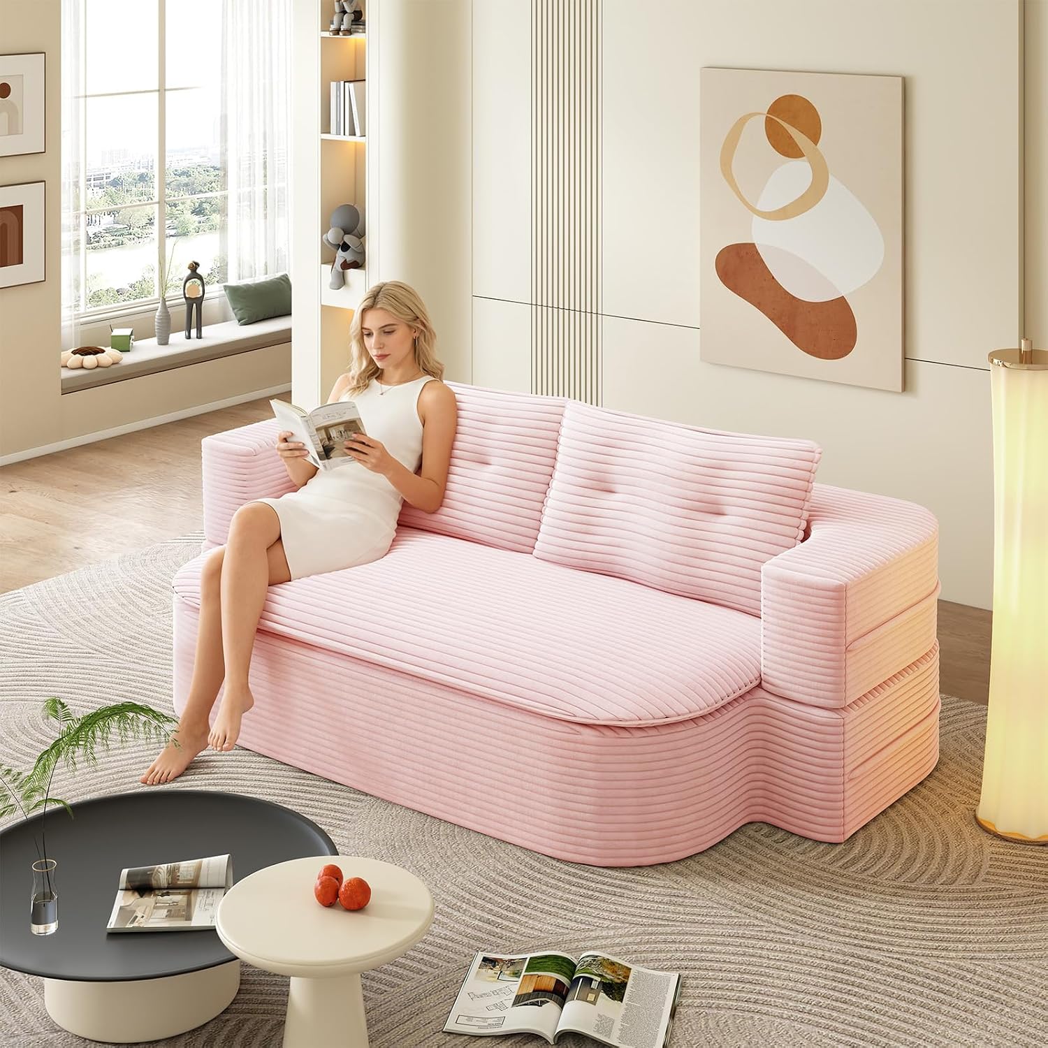 Convertible Sleeper Sofa, Modern 78-inch Folding Futon Corduroy Floor Foam Compression Loveseat Sofa Bed Couch, Foldable Full Size Guest Bed with 2 Pillows for Living Room Bedroom Apartment, Pink