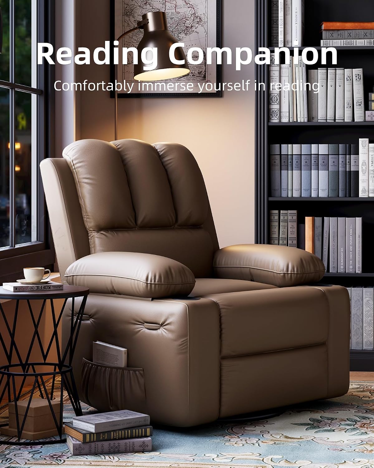 22 in Leather Recliner Chair for Adults, Overstuffed Manual Recliner Chair, Single Sofa with Cup Holder and Side Pockets, Upholstered Chair for Living Rooms, Tan