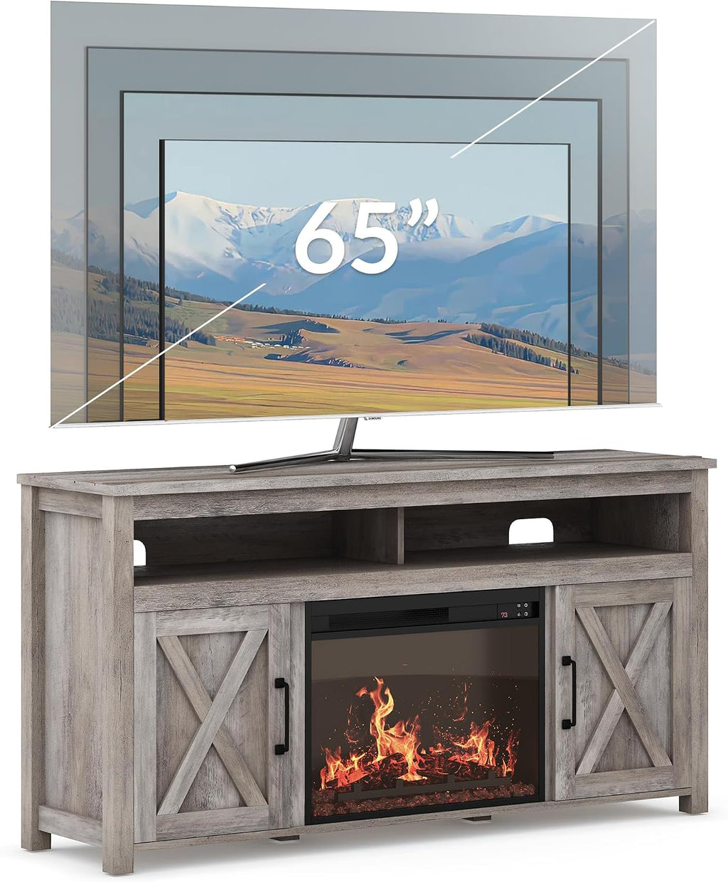 BELLEZE 58' Farmhouse Fireplace TV Stand for TVs up to 65', 23' Electric Fireplace Heater with Sound, Entertainment Center Media Console Table Barn Door Storage Cabinets for Living Room -Gray
