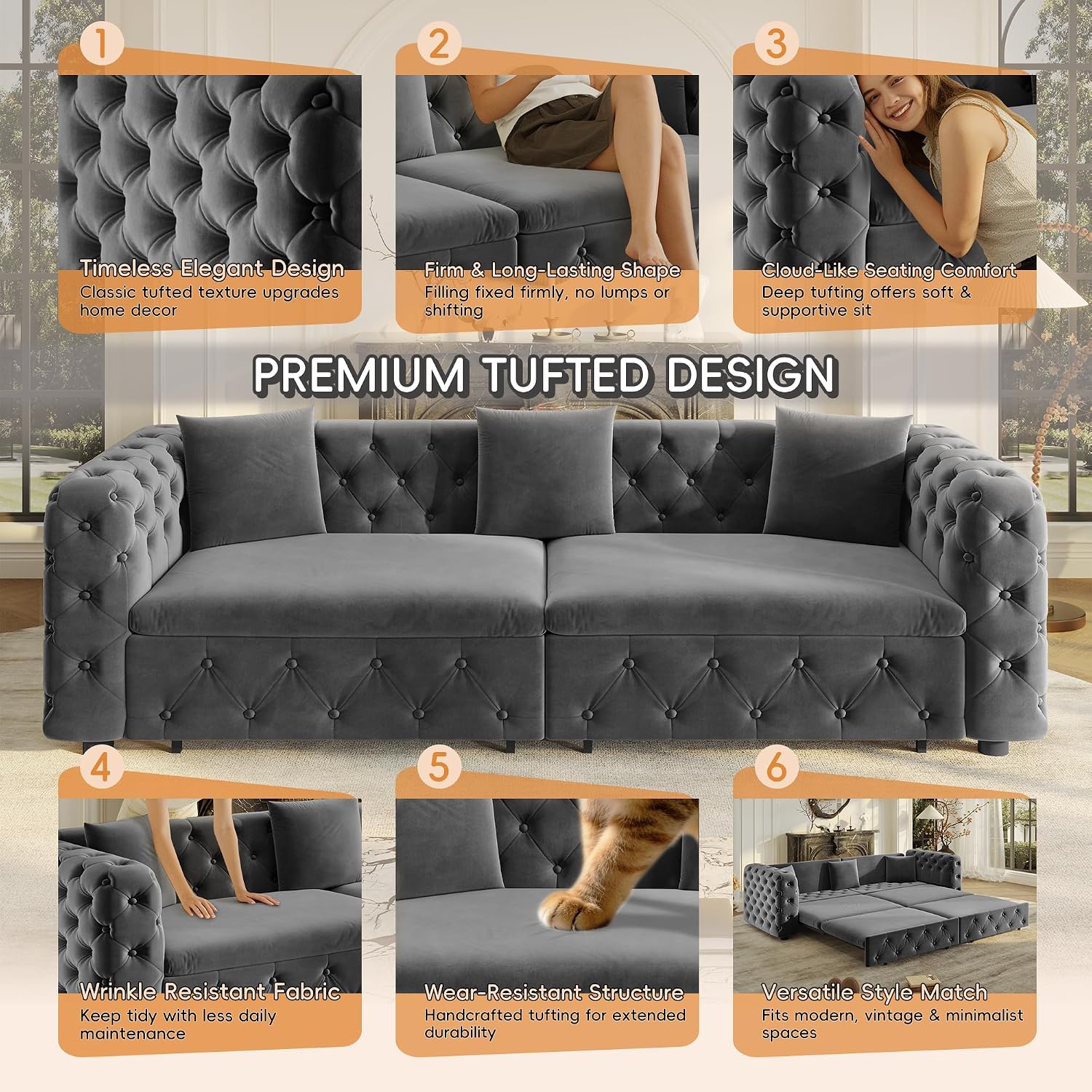89' Pull Out Sofa Bed King Size, Velvet Chesterfield Sleeper Sofa Couch, 3 in 1 Convertible Recliner, Modern Tufted Deep Seat Couches for Living Room, Small Space, Apartment, Concrete Gray