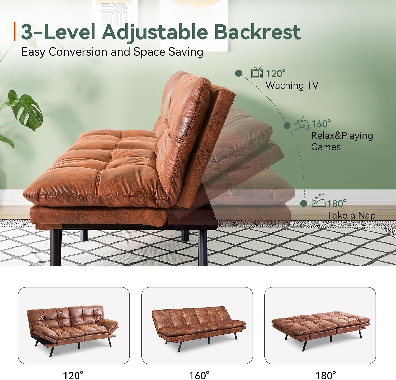Opoiar 71' L Covertible Futon Sofa Bed,Faux Leather Futon Couch, Memory Foam Modern Loveseat Sleeper, Small Splitback Sofa Couches for Living Room,RV,Home Office,Apartment,Brown