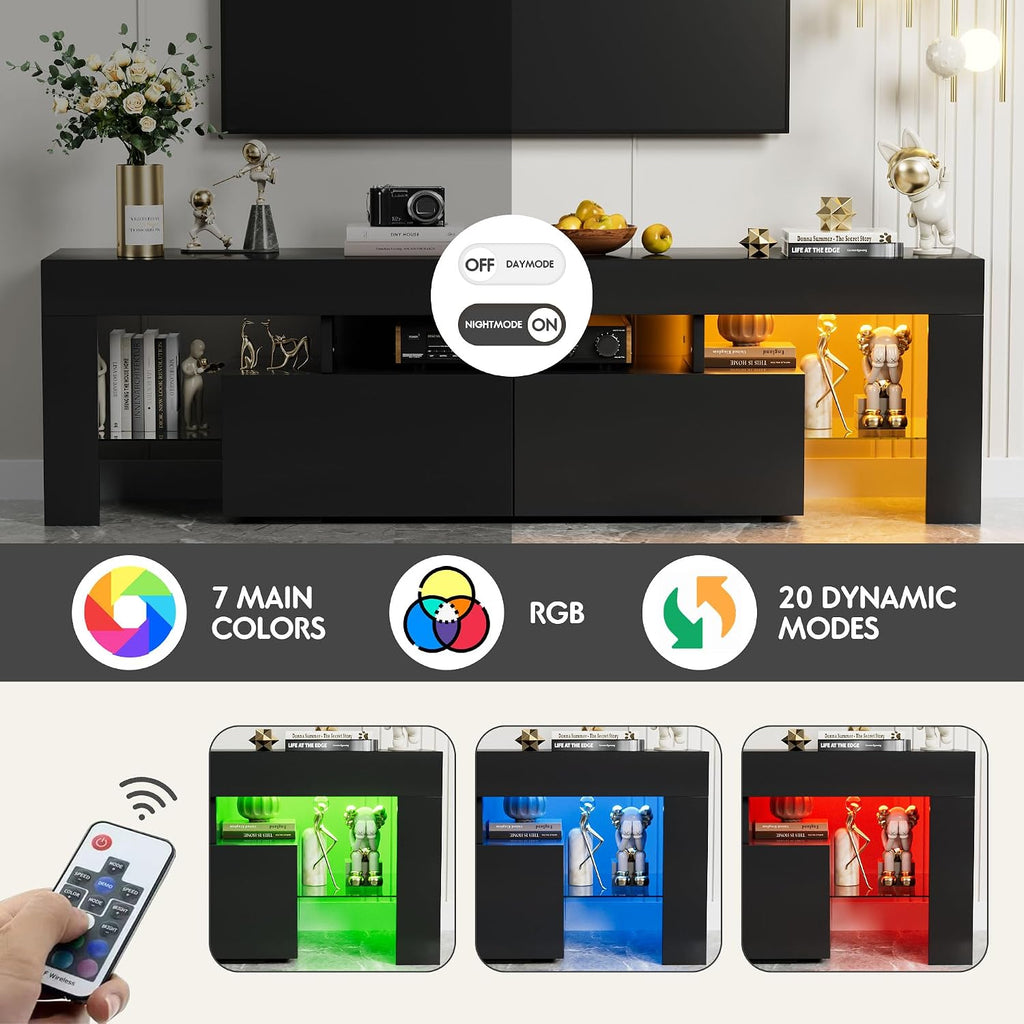 YESHOMY Modern Black LED TV Stand for Televisions up to 70 Inch with Glass Shelves and Drawer, Gaming Entertainment Center with Multiple Dynamic RGB Modes, for Livingroom, Bedroom, 60 Inch, Black