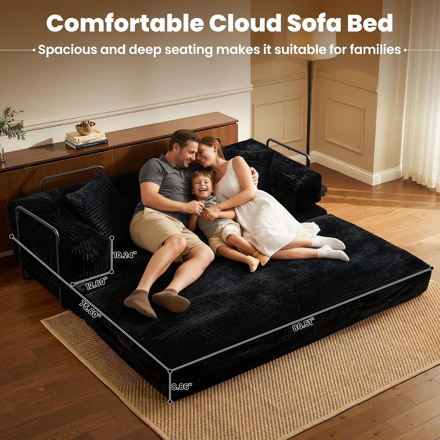 ovios 81' Folding Sofa Bed, Foldable Sleeper Boneless Couch with Pull Out Beds, Modular Convertible Floor Futon Loveseat Lounger for Living Room (Corduroy, Black)