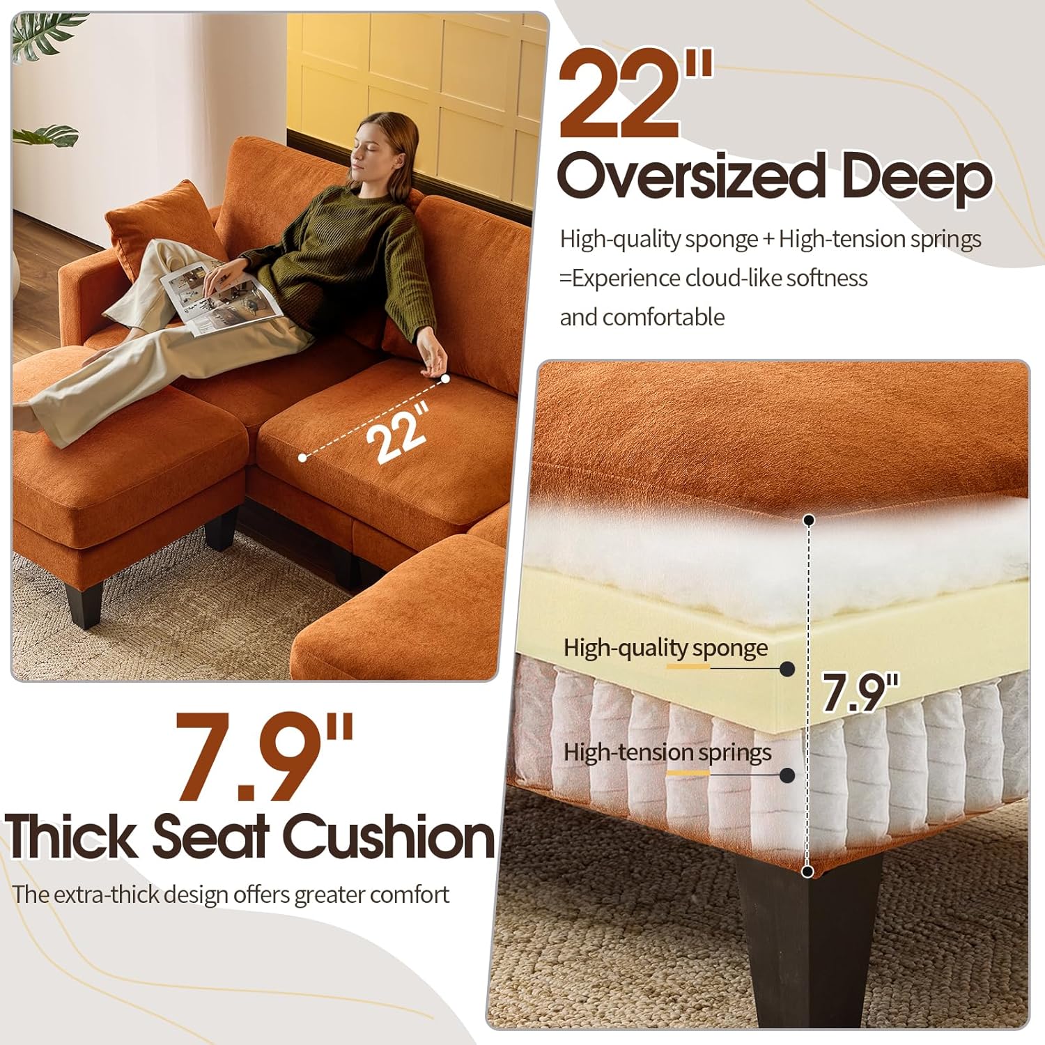 VINGLI 100' W U Shaped Couch with Ottoman, 22' Deep Seat Comfortable Sectional Couches for Living Room, 3 Seater Chenille Fabric Cloud Sofa for Apartment, Small Spaces, Bedroom, Orange