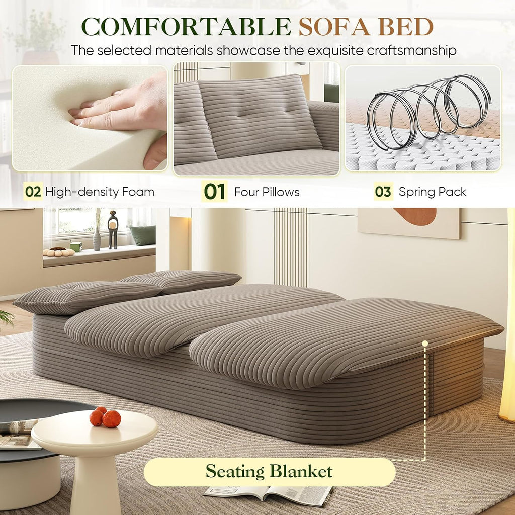 Convertible Sleeper Sofa, Modern 78-inch Folding Futon Corduroy Floor Foam Compression Loveseat Sofa Bed Couch, Foldable Full Size Guest Bed with 2 Pillows for Living Room Bedroom Apartment, Coffee