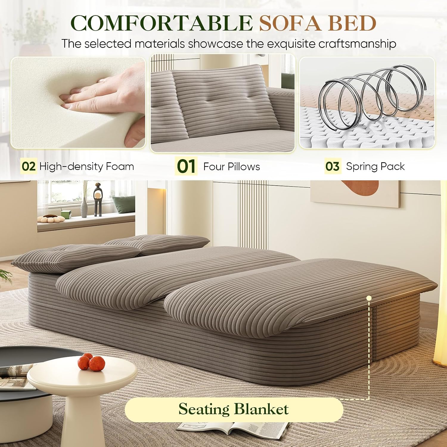 Convertible Sleeper Sofa, Modern 78-inch Folding Futon Corduroy Floor Foam Compression Loveseat Sofa Bed Couch, Foldable Full Size Guest Bed with 2 Pillows for Living Room Bedroom Apartment, Coffee