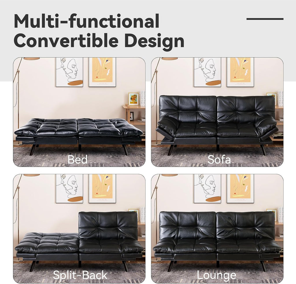 Black Faux Leather Futon Sofa Bed, Memory Foam Futon Couch with Convertible Backrests & Armrests, Small Splitback Loveseat Sofa for Living Room, Home Office, Apartment