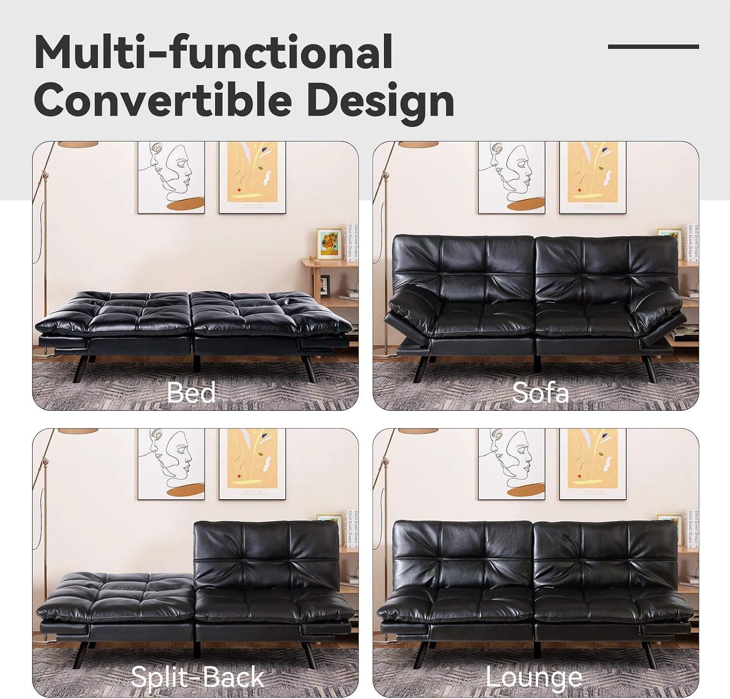 Black Faux Leather Futon Sofa Bed, Memory Foam Futon Couch with Convertible Backrests & Armrests, Small Splitback Loveseat Sofa for Living Room, Home Office, Apartment