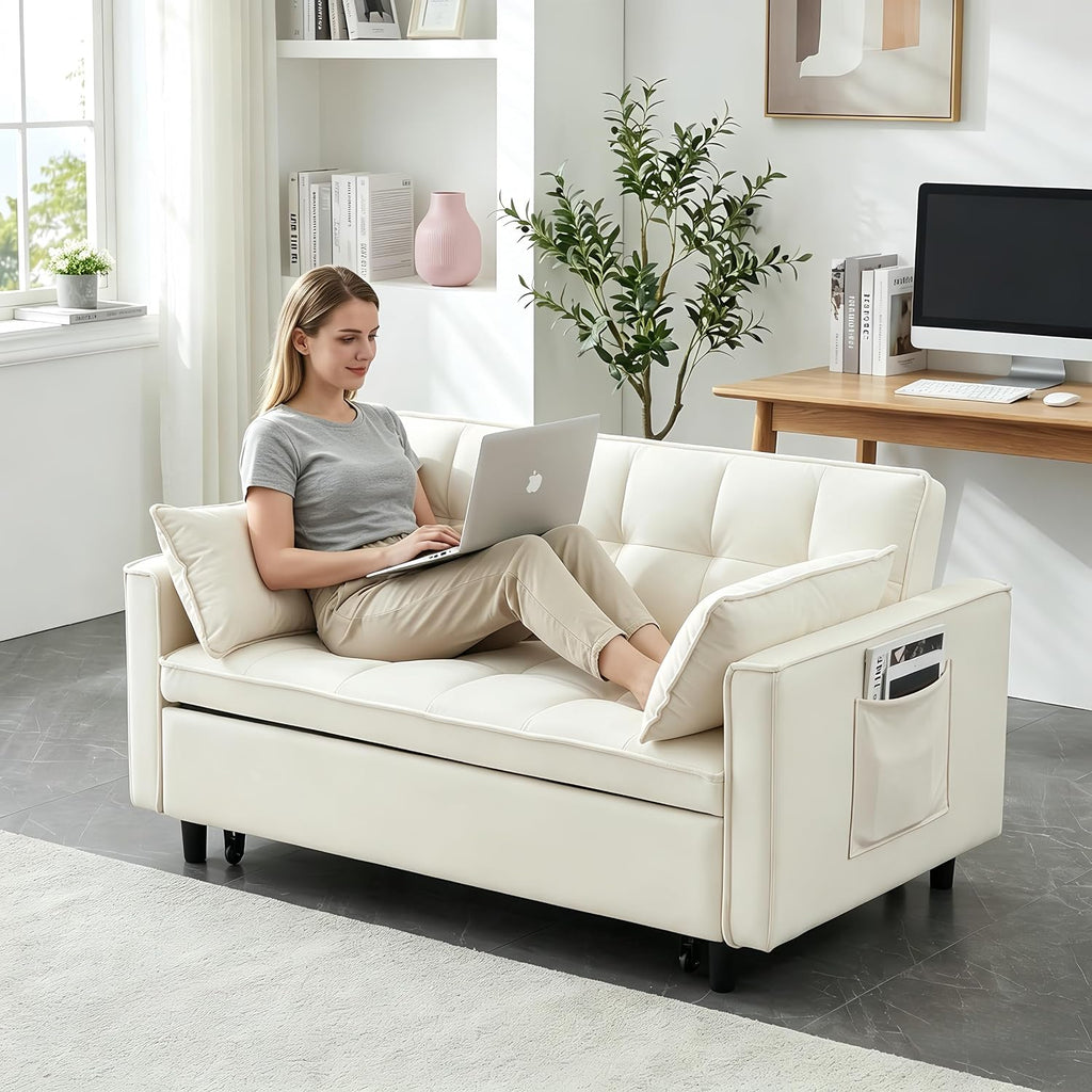3 in 1 Convertible Sofa Bed, Loveseat Sleeper Sofa with Large Side Pockets, Pull Out Couch with Adjustable Backrest, Easy Assembly, Velvet Couch Bed for Small Spaces, Apartment, White